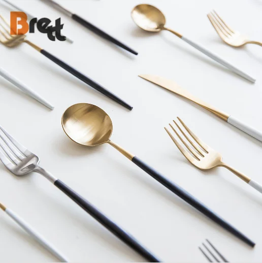 

Fancy stainless steel cutlery set gold black, Gold/silver+white/black handle