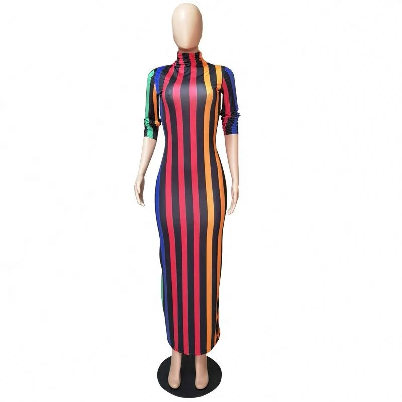 

New Arrive Women Striped Turtleneck Full Sleeve Sheath Maxi Dress