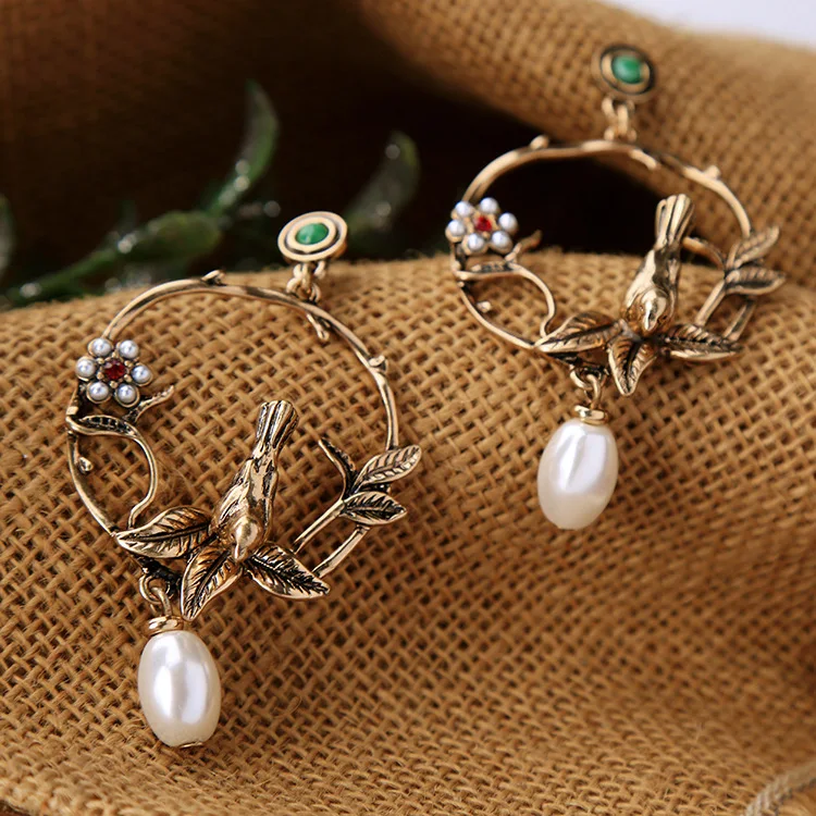 Vintage elegant pearl flower bird stud earrings pearl earring for women