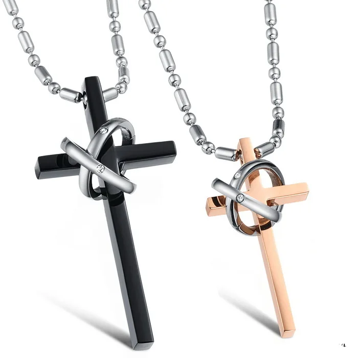 

Man Black & Woman Rose gold 316L Stainless Steel Cross Couple Necklace With Chain, Silver;black