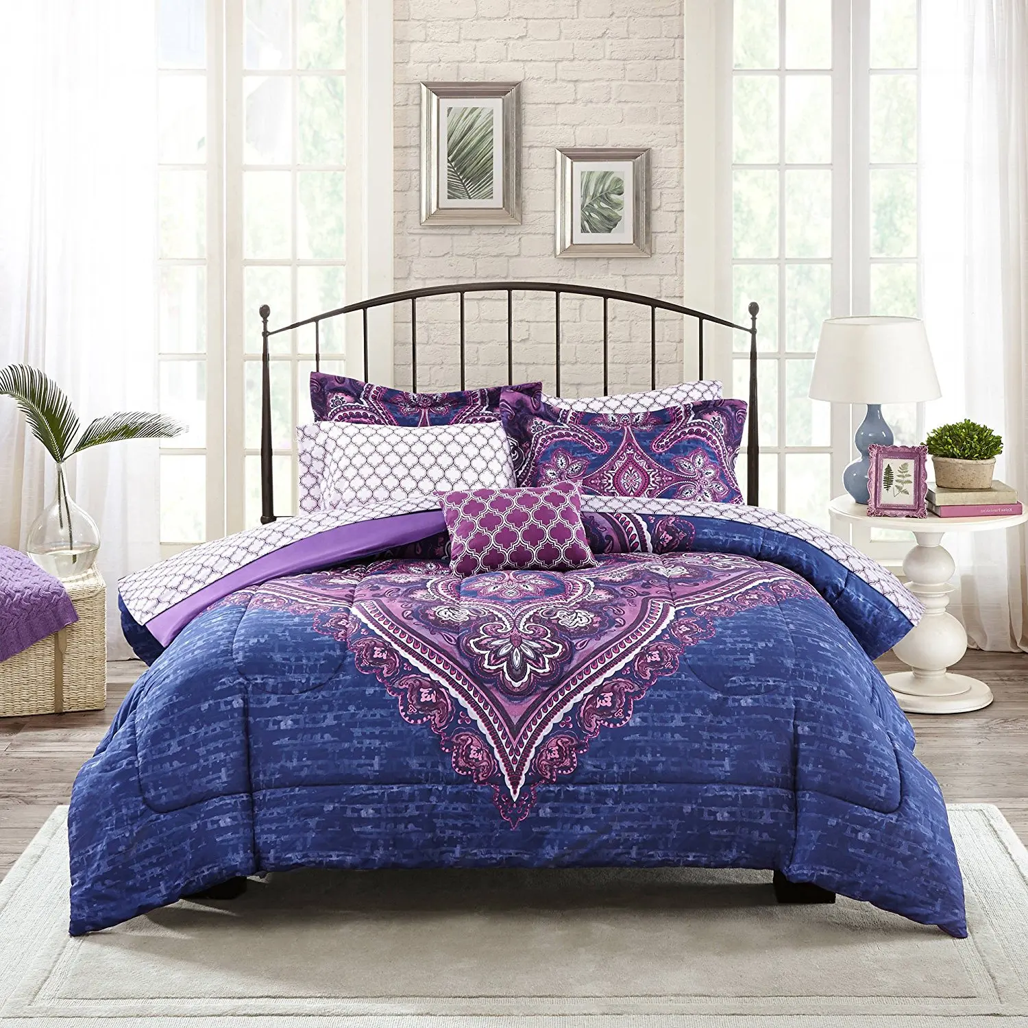 8 Piece Girls Purple Color Medallion Comforter Set With Sheets Full, Navy Floral Themed Motif Chic Boho Textured, Reversible Purple White Lattice Pattern Kids Bedding, Microfiber Polyester
