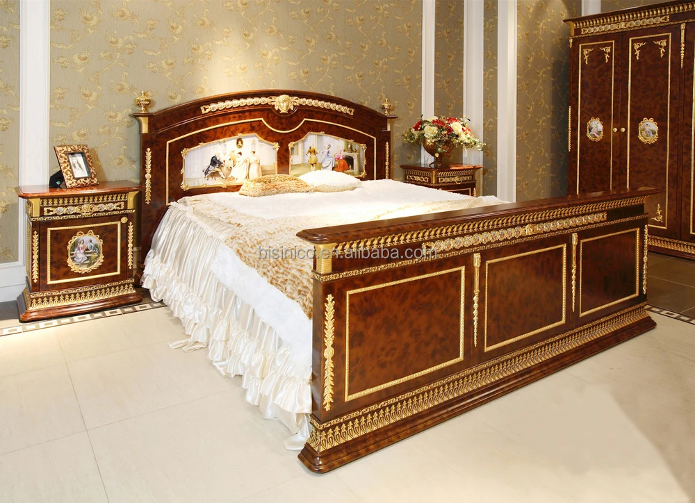 French Baroque King Size Gilt Brass Mounted Bed/ Porcelain Decorated Headboard Fancy Bed/ Mahogany Veneer Bedroom Furniture