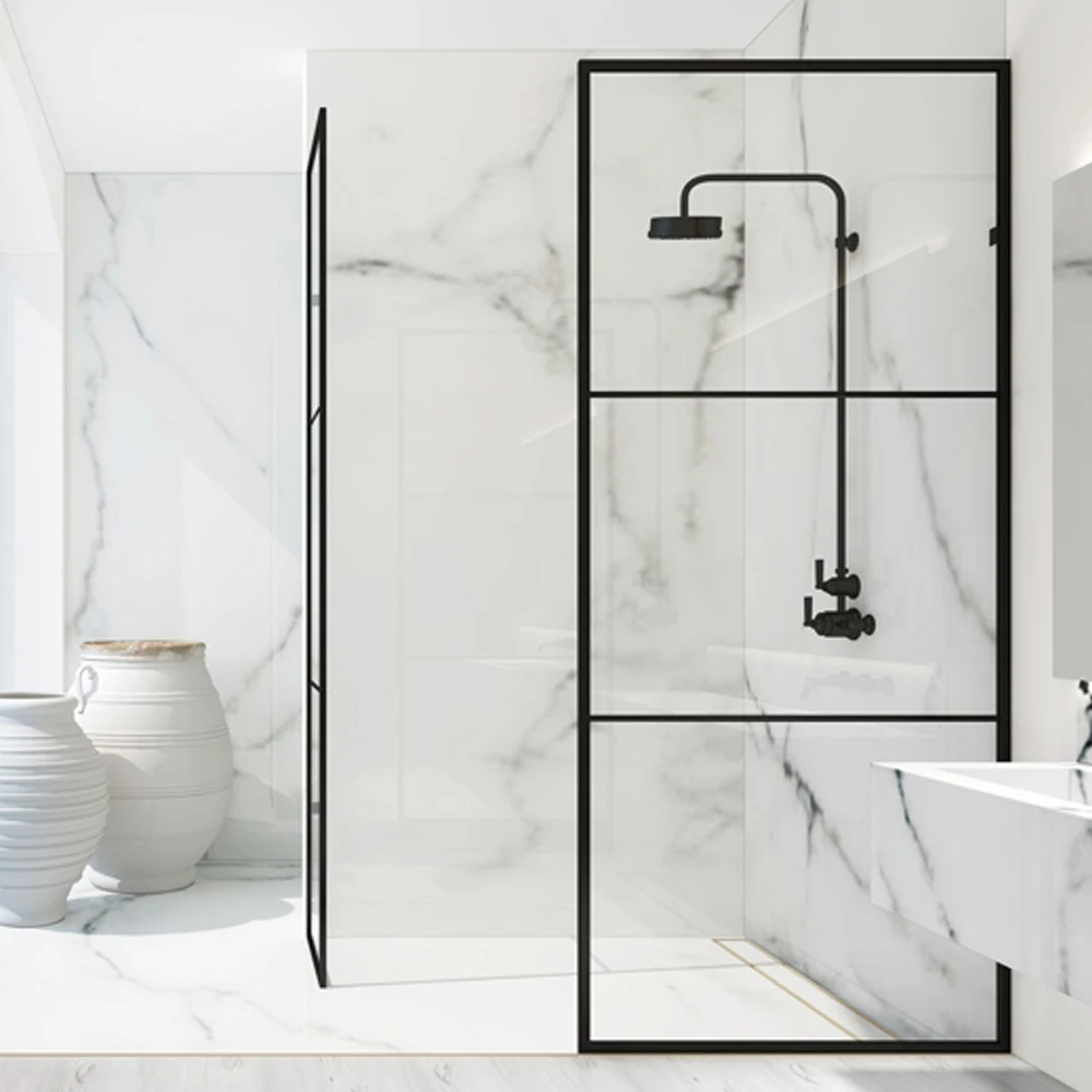 hangzhou factory walk in shower door matt black shower screen with black pattern glass