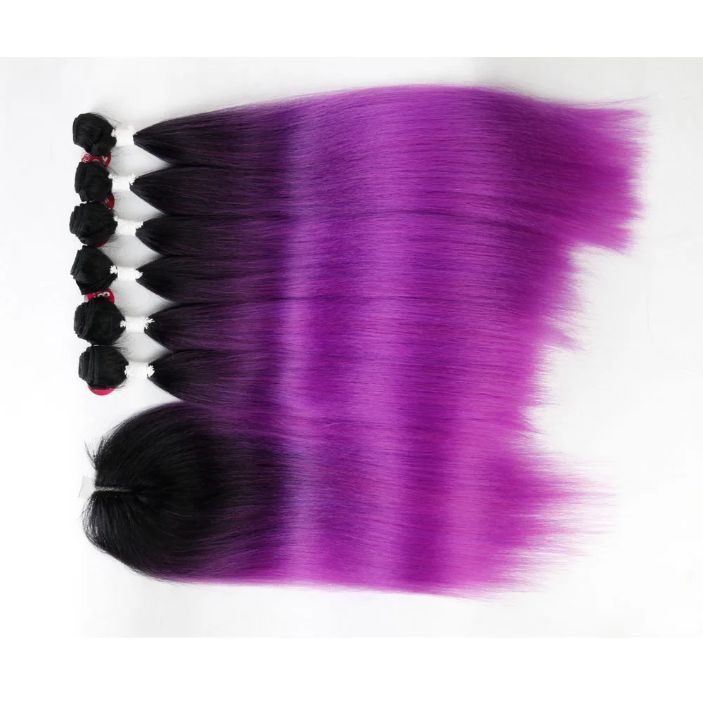 7pcs synthetic hair with closure  synthetic hair weaving  fibre free ombre color straight hair extension with lace closure