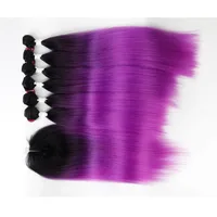 

7pcs synthetic hair with closure synthetic hair weaving fibre free ombre color straight hair extension with lace closure