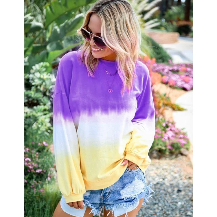 women  ladies Gradient colour long sleeve thin T-shirt Long tie dye lady's jacket T shirts