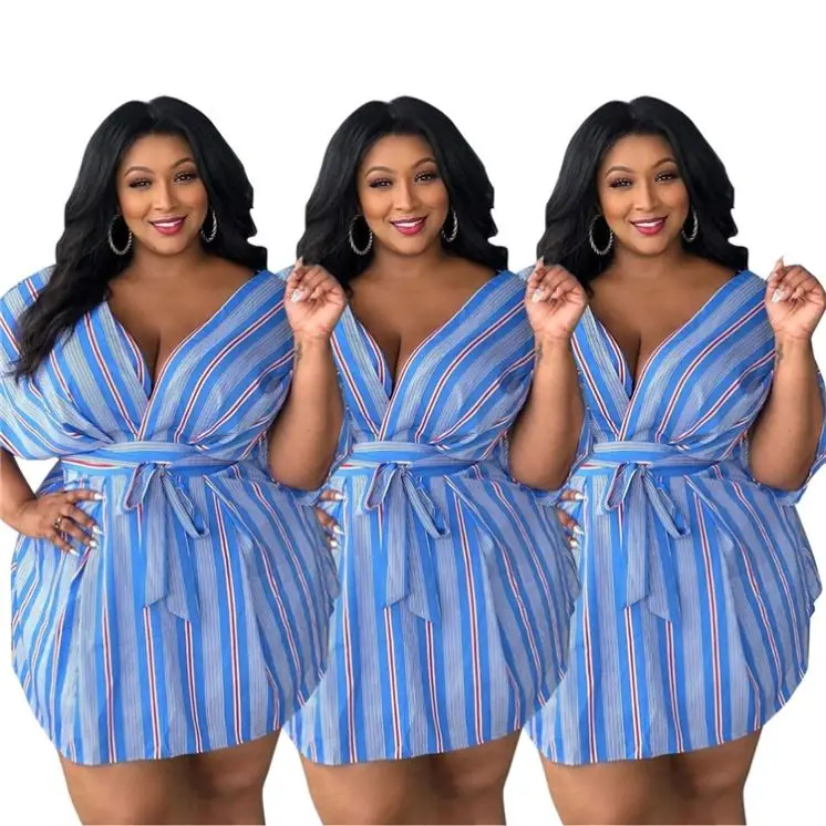 A96005 Woman Plus Size Loose V Neck Stripe Woman Midi Skirt Summer Dress