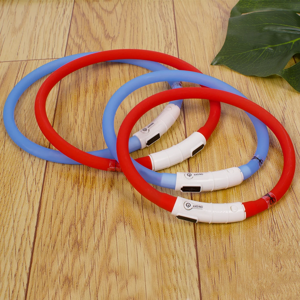 

Wholesale Adjustable Reflective Bling Fancy Light Up Waterproof Luxury Designer PVC Custom Led Pet Dog Cat Collar For Dog, Red and blue