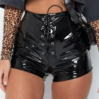 

Faux Pu Leather Shorts Women Hotpants Lace Up Red Black High Waist Shorts Female Sexy Bandage Pants Mini Buttons Y11186
