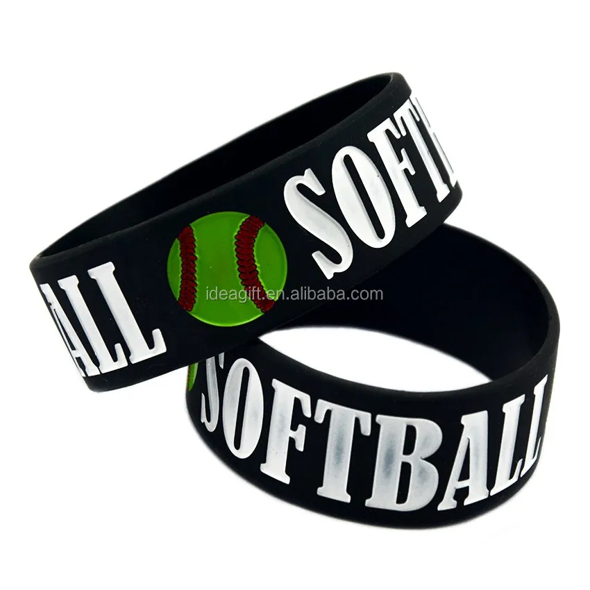 25pcs 1 Inch Wide Silicone Wristband Softball Logo Ink Filled Color