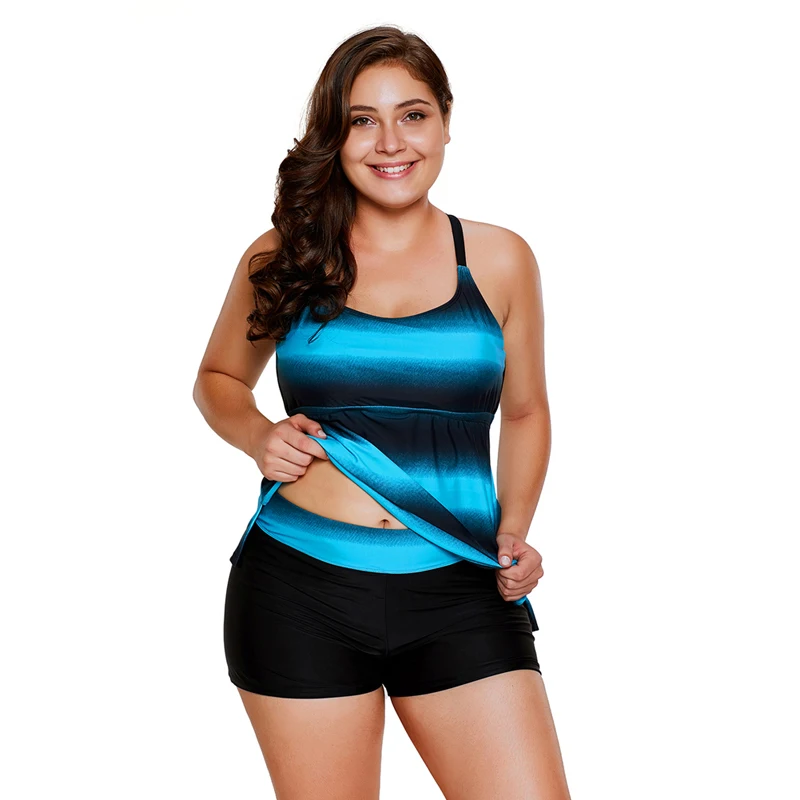 

Bluish Strappy Hollow-out Back Women Tankini Plus Size Swimwear, As shown