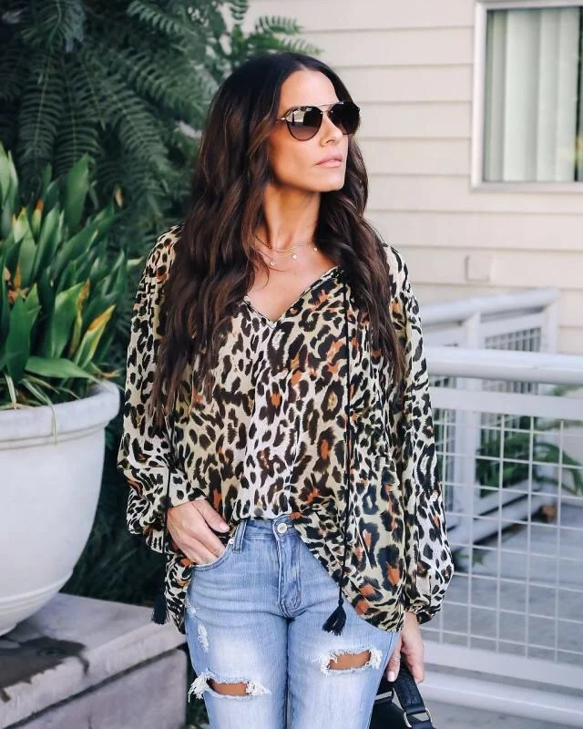 

2018 Women Camisa Feminina Clothing Leopard Print Shirt Long sleeve Top Loose Blouses Tassel Stripe Plus Size Chiffon Blouse