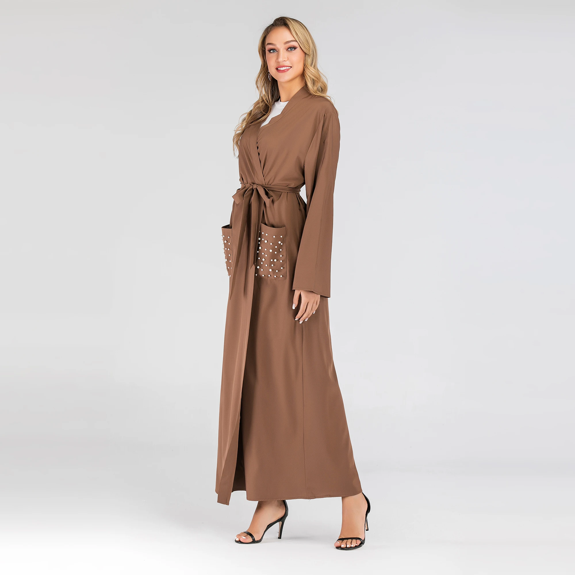1738 2019 New Muslin Women Dress Brown Kimono Abaya Front Open Abaya