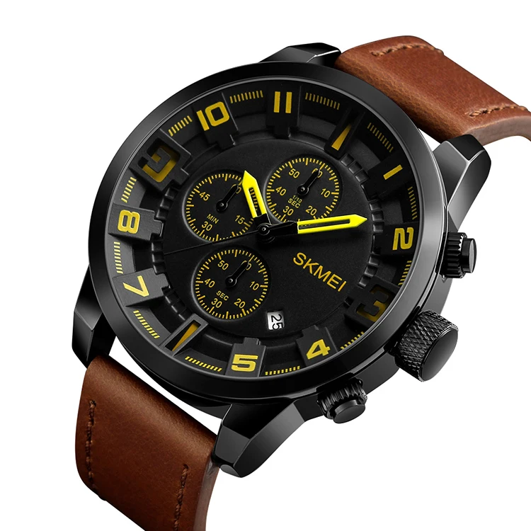 

skmei 1309 luxury chronograph men's leather japan movt quartz watch stainless steel back