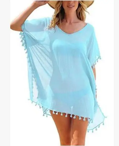 

Summer Women Beachwear swimsuit See Through Loose Beachwear Swimwear Cover Up Dress Batwing Sleeve Tassel Hem Dresses A502