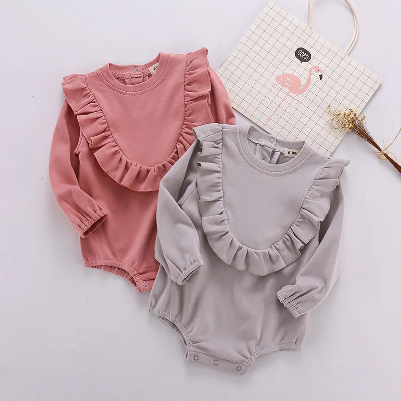 

Hu Sunshine Wholesale Baby Girls Lace Long Sleeves Pure Cotton Round Necks Powder Grey Romper Children Clothes Jumpsuit