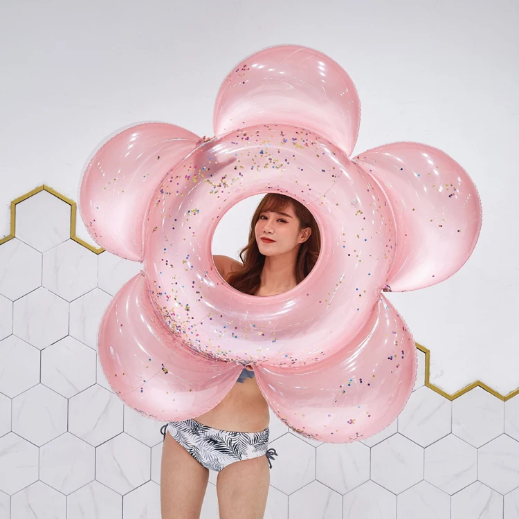 

Newest factory beautiful PVC summer toys swimming pool ring inflatable pink glitters shinny swimming flower floatie for adults, Colored