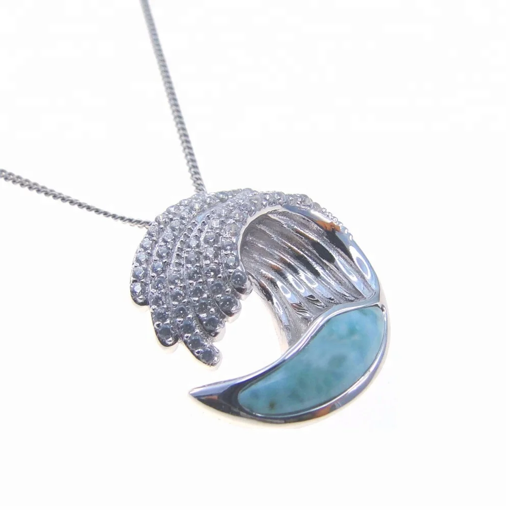 

Wholesale Silver Sea Waves Ocean Pendant 925 Sterling Silver Pendant with Larimar and White CZ