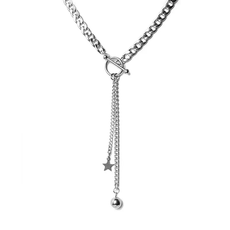 

unisex no fade silver choker long steel necklace ball y shaped padlock lock ball round circle tassel star charm necklace women, Picture