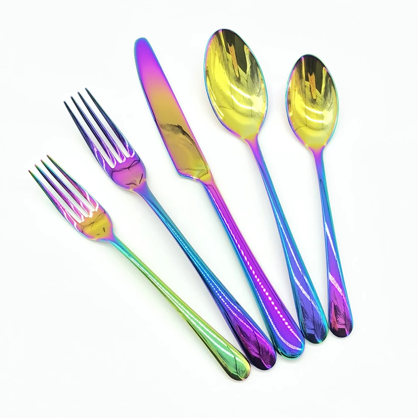 

Free Sample Stocked Colorful Rainbow Cutlery Set PVD Wedding Flatware Leasing Tableware