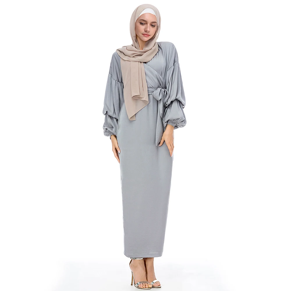 

Trendy dubai new model plain soft crepe bishop sleeve muslim maix dress, Black;gray;pink;wine red