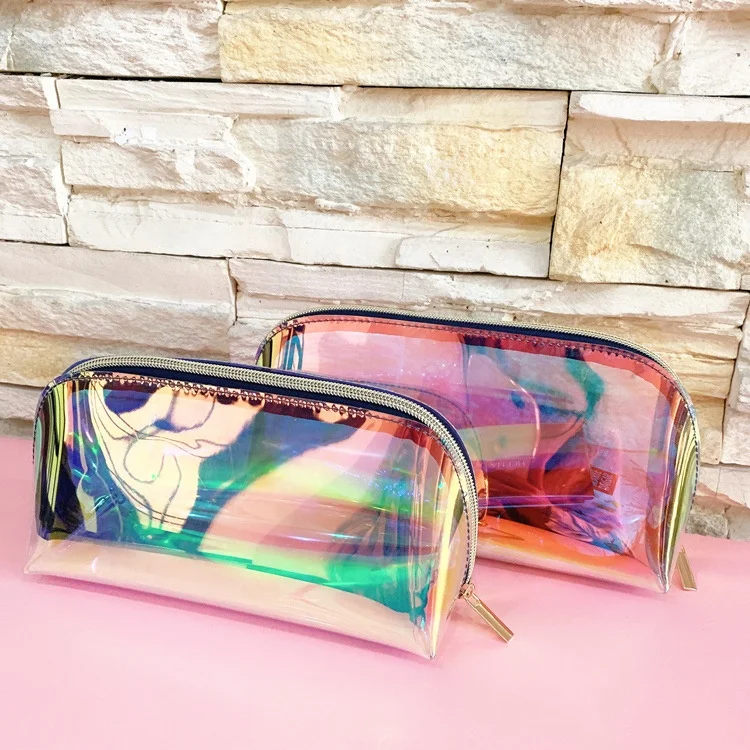 

Small Waterproof Fashion TPU Holographic Clear Zipper Makeup Bag Hologram Transparent Cosmetic Toiletry Bag, Rainbow