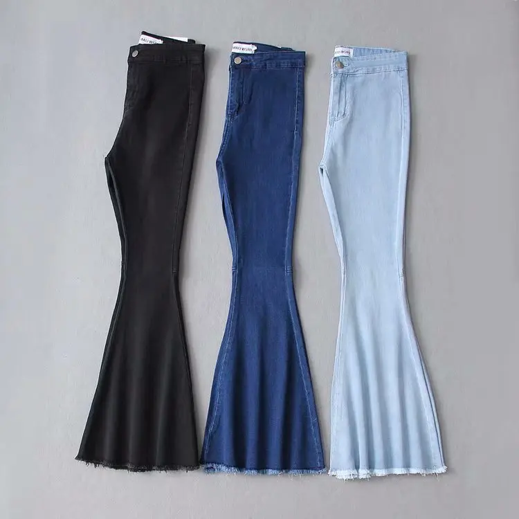 

Women High Waisted Elasticity Flared Jeans Spring and Summer Fashion Irregular Hem Stripe Blue Denim Bell Bottoms, Dark blue , black , lightblue