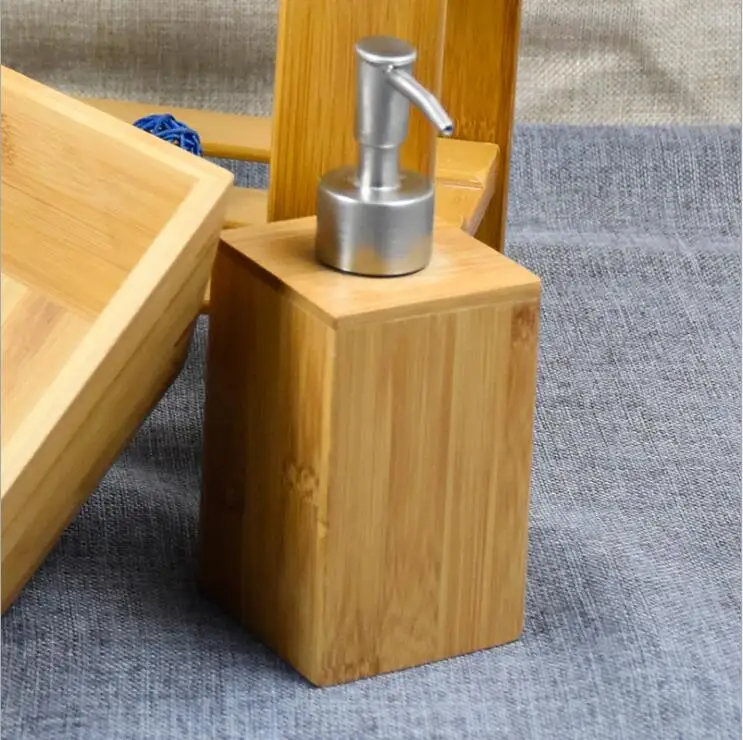 Bathroom Square Bamboo Manual Liquid Soap Dispenser Hand Pump Sanitizer