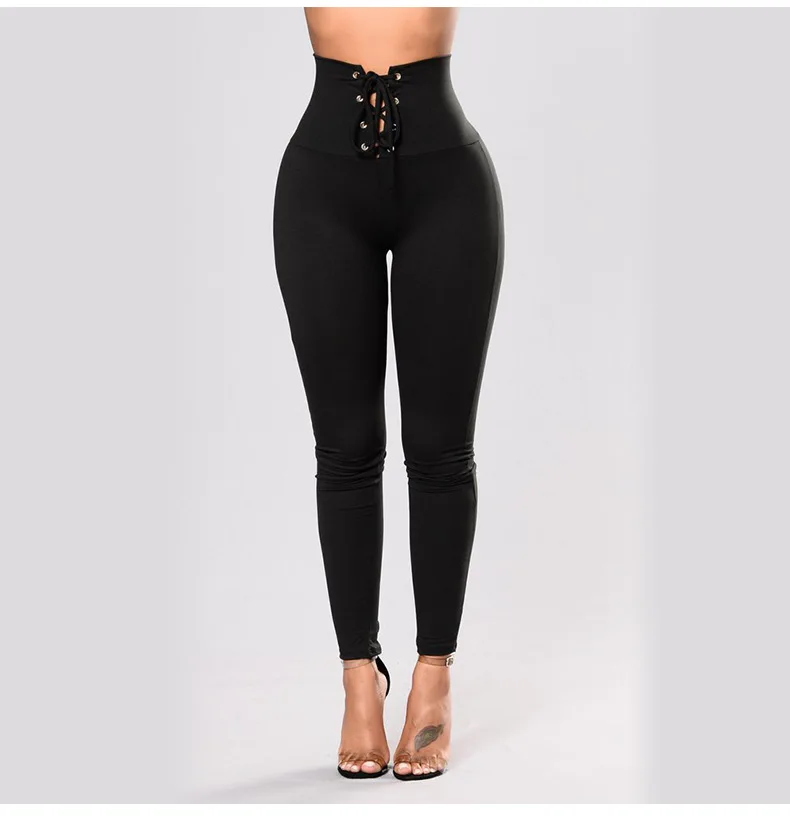 YSMARKET Spring High Waist Skinny Leggings Black Empire Eyelet Lace Up Sexy Leggings Women Elegant Sporting Pants