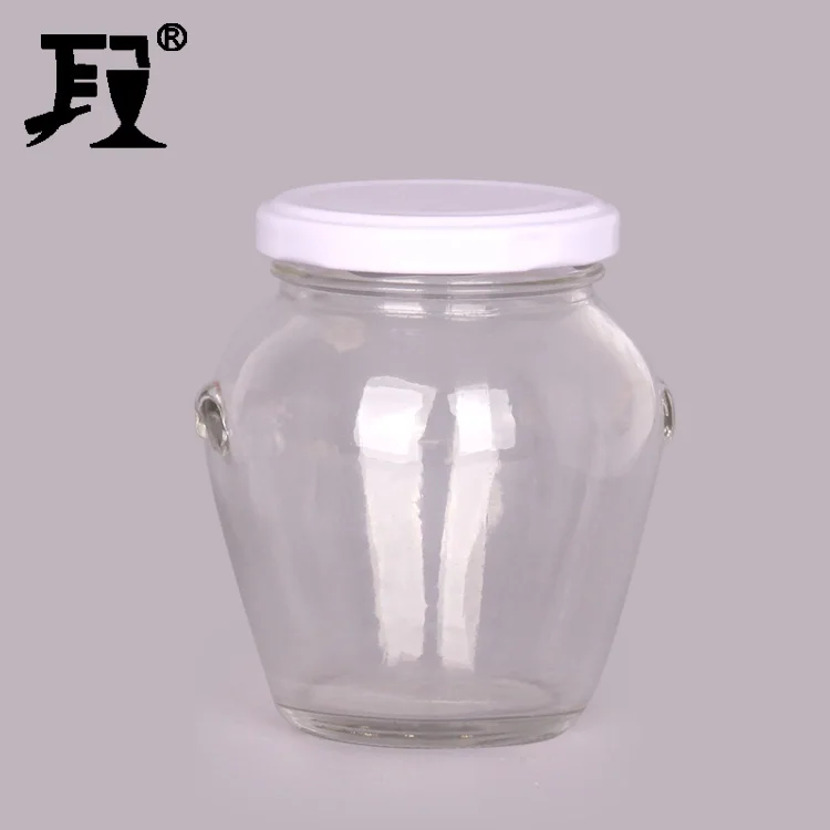 hot sell 4oz 8oz 10oz round clear glass food pickle jar with ear metal lug cap