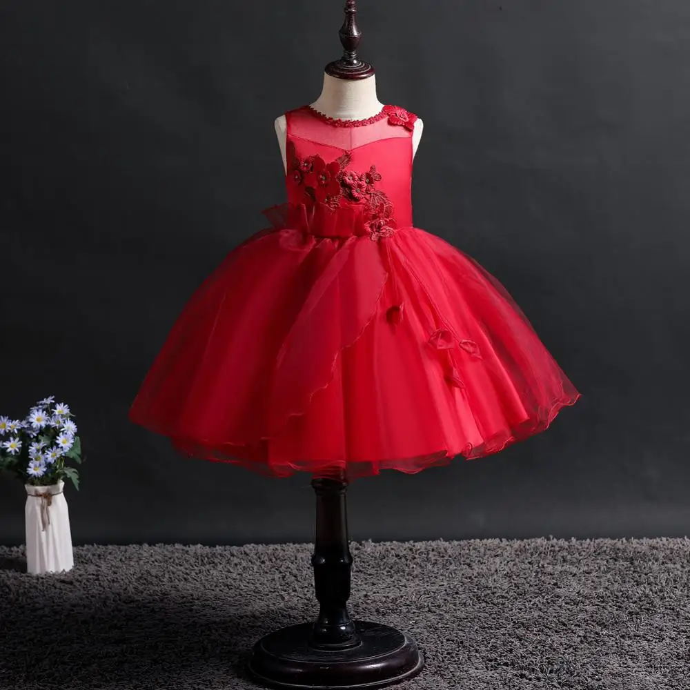 Spring new style  red kids birthday  party dress    flower girl dress patterns    3 years baby gown for wedding