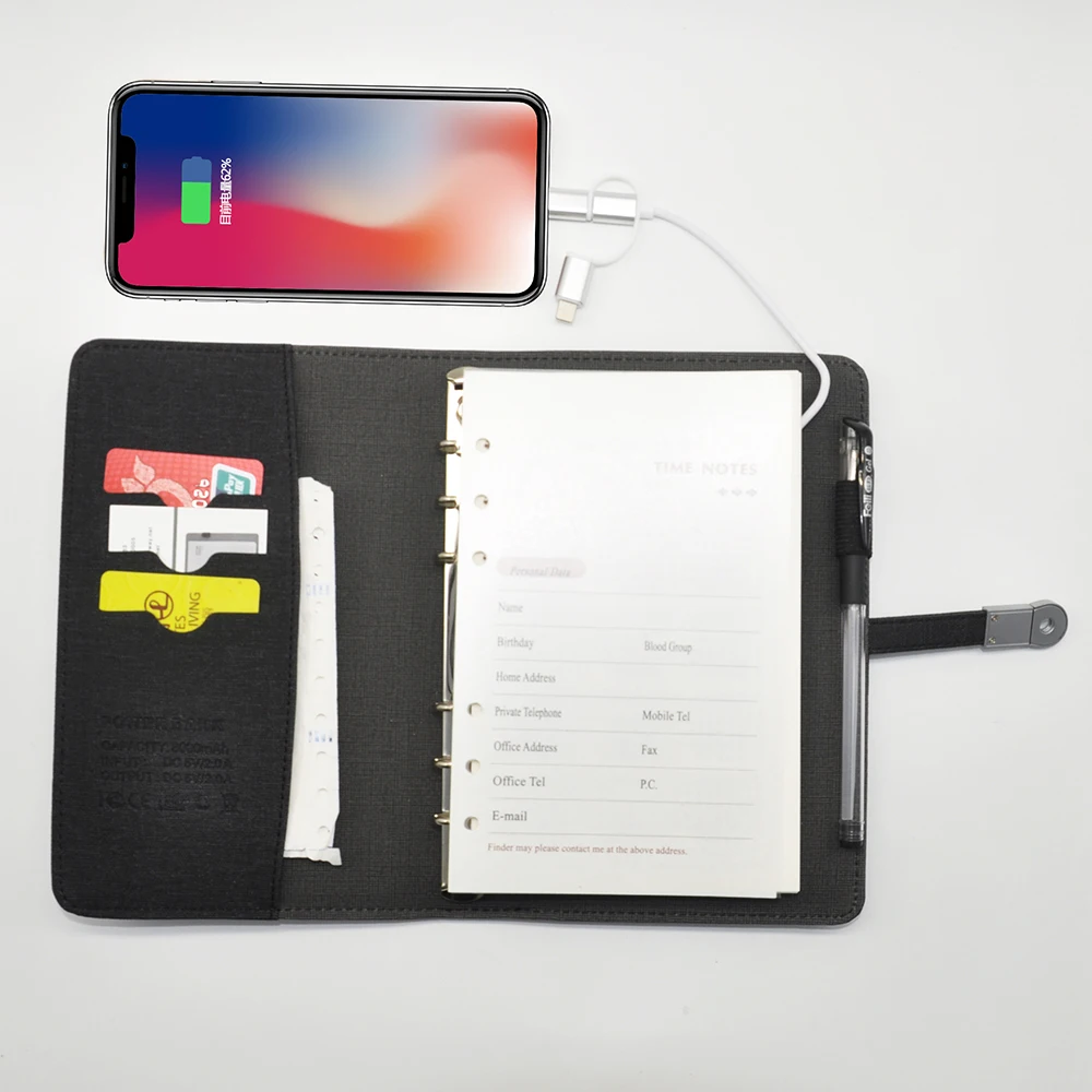 

PU Leather Dairy Wireless Power Bank Notebook Charging 8000mAh Notebook Power Bank with USB flash drive, Black