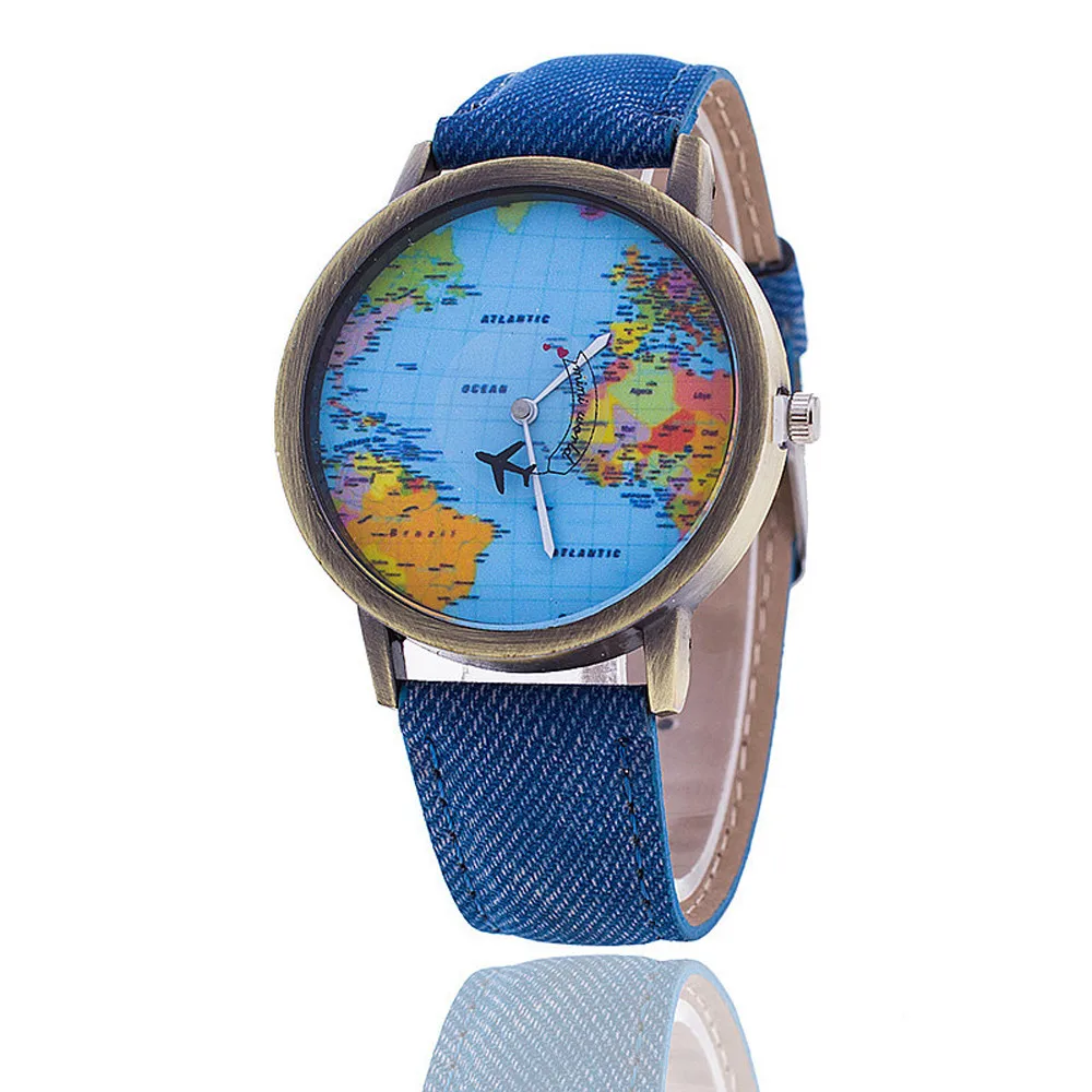 

Hot selling models casual denim aircraft pointer world map men women belt quartz watch