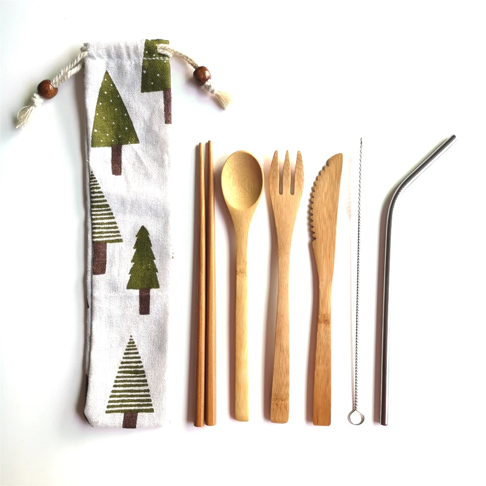 

Biodegradable bamboo utensil set organic travel cutlery set with carrying pouch spoon knife fork, Natural bamboo color