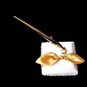 SACASUSA (TM) Gold Satin Bow Ivory Reception Pen Set Penstand for Wedding Reception Any Special Occasions