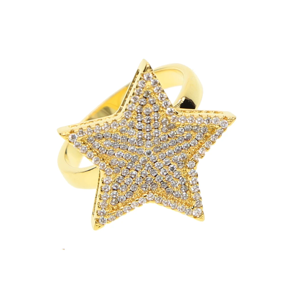 Hot selling China factory in stock yellow gold plated star shape ring with cz paved big ring for men jewelry