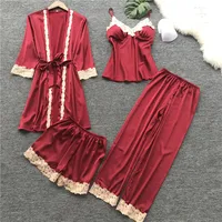 

Silk women's pajamas set bathrobe + tops + short pants + long pants 4 pieces pajamas sets sleepwear home clothes