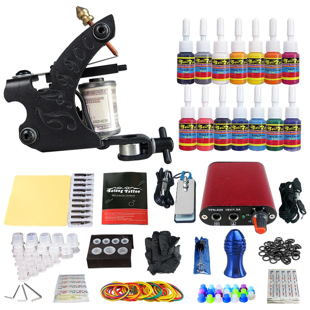 

Solong Professional Tattoo Machine Kit with Mini Power Supply Inks Practice Skin Coiling Tattoo Gun Kit