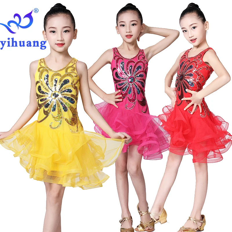 

Kids Latin Dance Costume Dress Competition Girls Halloween Ballroom Dance Dress Sequined Child Salsa Cha Cha Party Performance, Red;yellow;rose pink