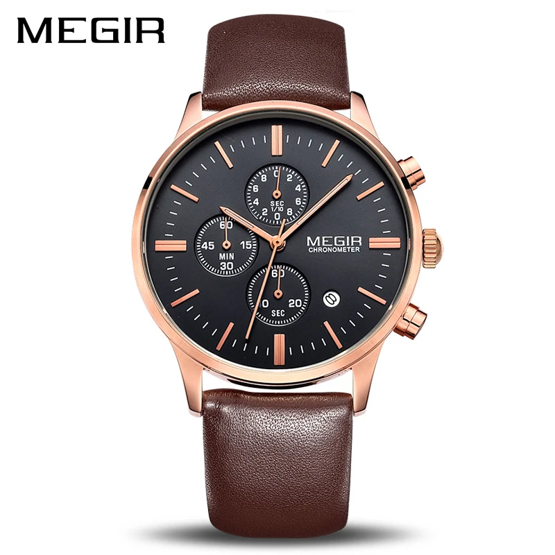

Top Sale Megir 2011G Alloy Case Leather Band Luxury Man Quartz Multi Function Analog Chronograph Casual Wrist Watch Erkek Saat