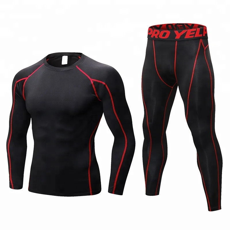 

Men athletic gym training compression T-shirt and pants suit elastic long sleeve T-shirt leggings set male sport yoga suit, Multi-colors