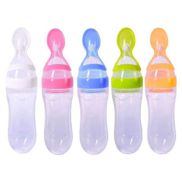 

Newborn Baby Squeezing Feeding Bottle Silicone Training Rice Spoon Infant Cereal Food Supplement Feeder Safe Tableware Tools, 7 color