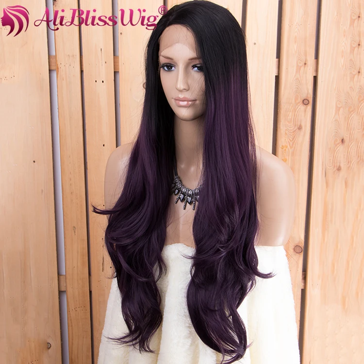 

Ali Bliss Wig 24" Long Natural Straight Wavy Curly Hair Two Tone Black Roots Purple Ombre Heat Resistant Fiber Synthetic Wigs