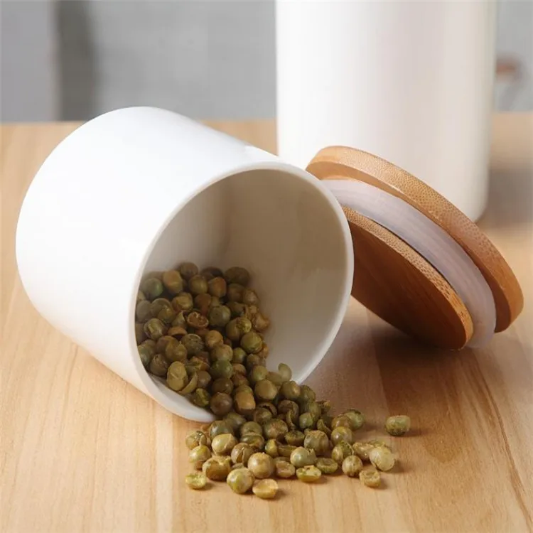 Bamboo cover cylinder shape unique kitchen white ceramic  canister sets for food storage 