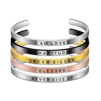 

316L Stainless Steel Customized Inspired Engraved Letters NEVER GIVE UP Open Cuff Bracelet Bangle for Women