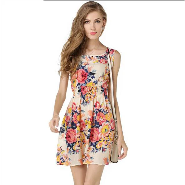 

LHCE1138 2019 European and American explosions summer large size v- neck Printed Sleeveless floral chiffon dress