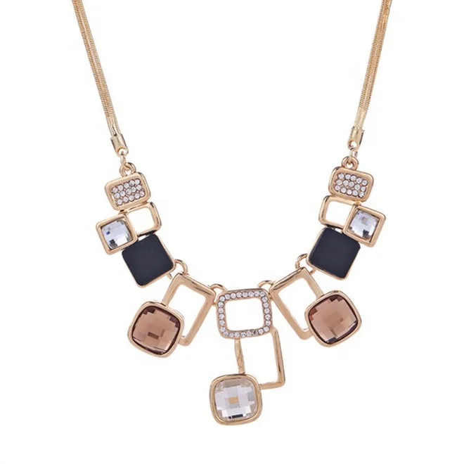 

Gold plated jewelry crystal statement necklace women, White;black;blue;brown