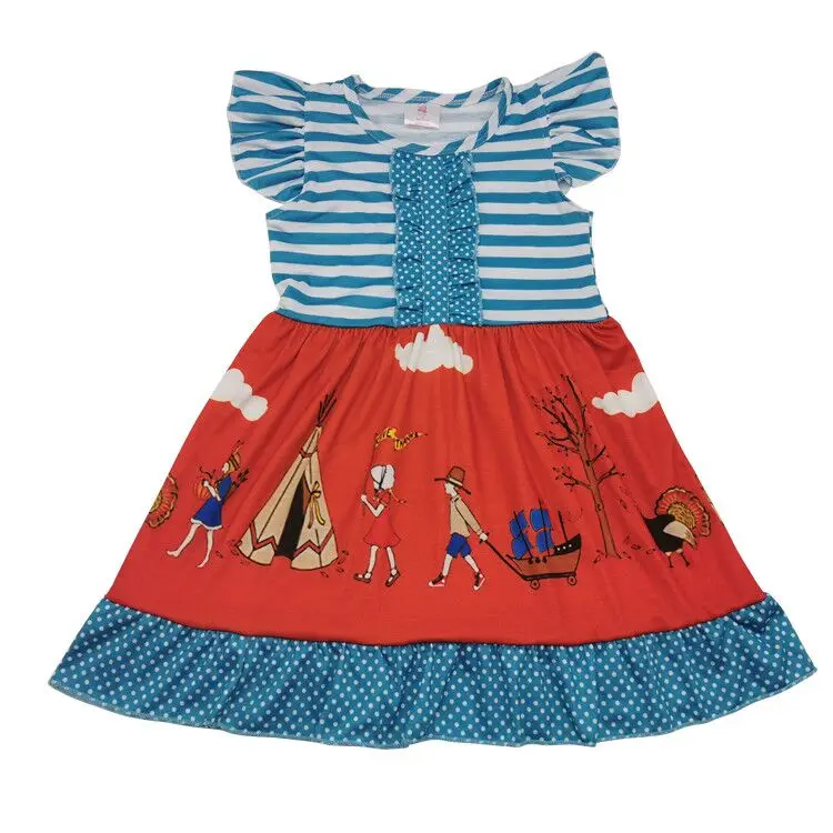 

2019 knit cotton toddler girls thanksgiving dress wholesale children toddler boutique flutter sleeve turkey parade dresses, As picture