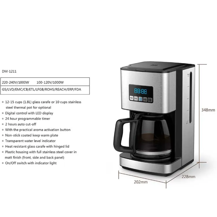 12-Cup Programmable Coffee Maker, Fast Heating Drip Coffee Machine with  Glass Carafe, Coffeemaker with Keep-Warm Function and Auto Shut-off, 1.8L