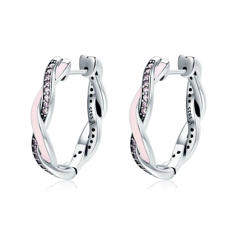 

SCE297 Authentic 100% 925 Sterling Silver Pink & Clear CZ Twist Of Fate Hoop Earrings for Women Fashion Earrings Jewelry